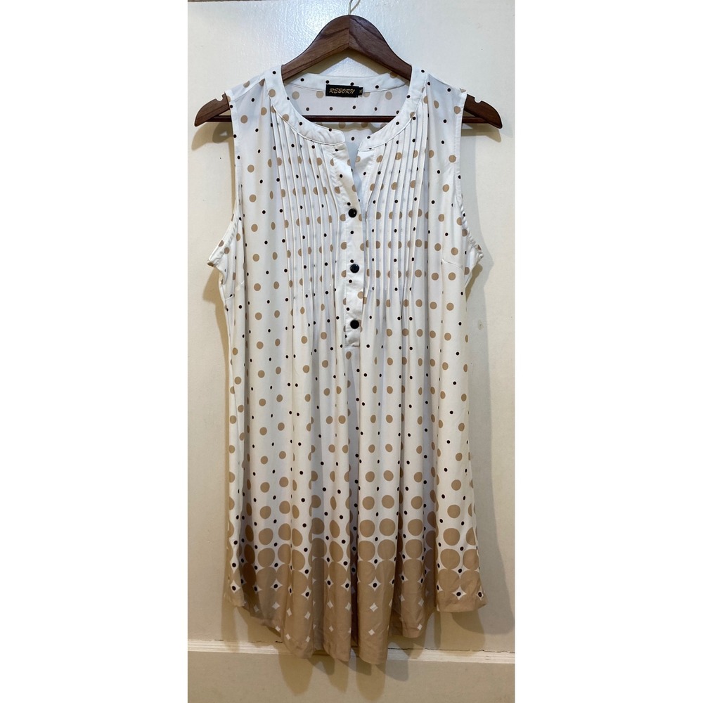 Reborn Womens XL Polka Dot Tunic Tank Top White Tan Pintuck Office Indie Sleaze